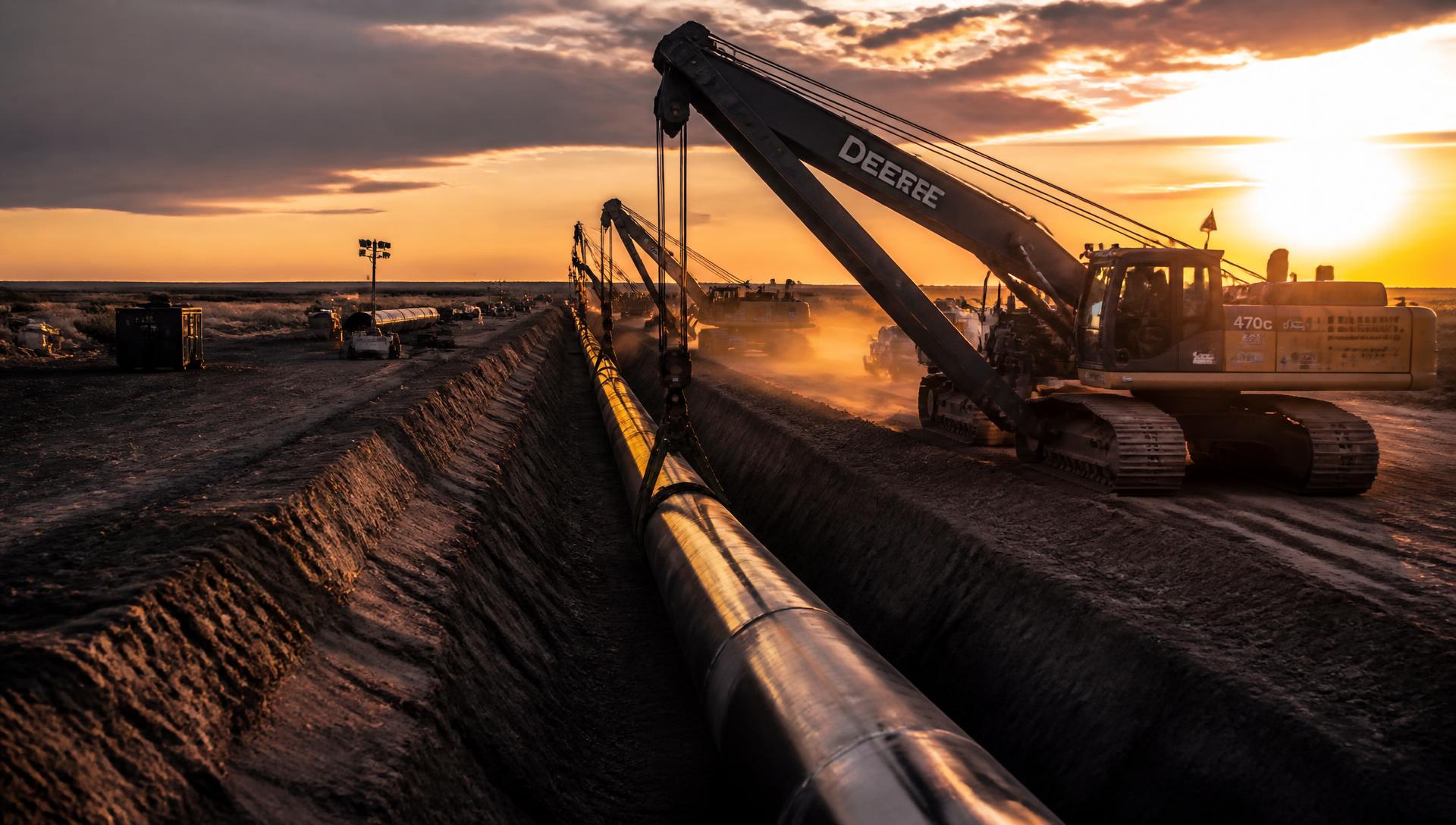Pipeline construction crew lowering large-diameter pipe into a trench at sunset